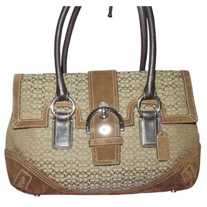 Coach 2005 Soho Canvas, Suede & Leather Trim Signature Buckle Flap Satchel